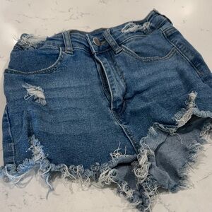 SHEIN Distressed Frayed Hem Denim Shorts - Blue